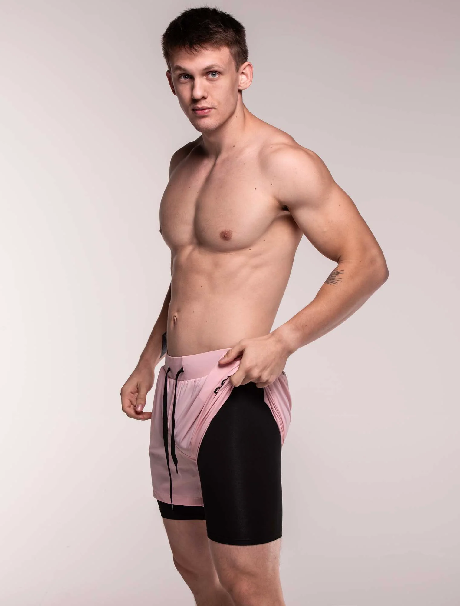 Mens Double Layer Sports Shorts - Pink - Image 4