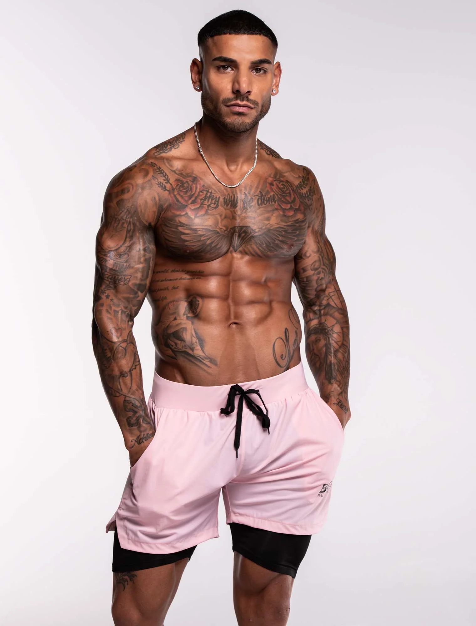 Mens Double Layer Sports Shorts - Pink - Image 6
