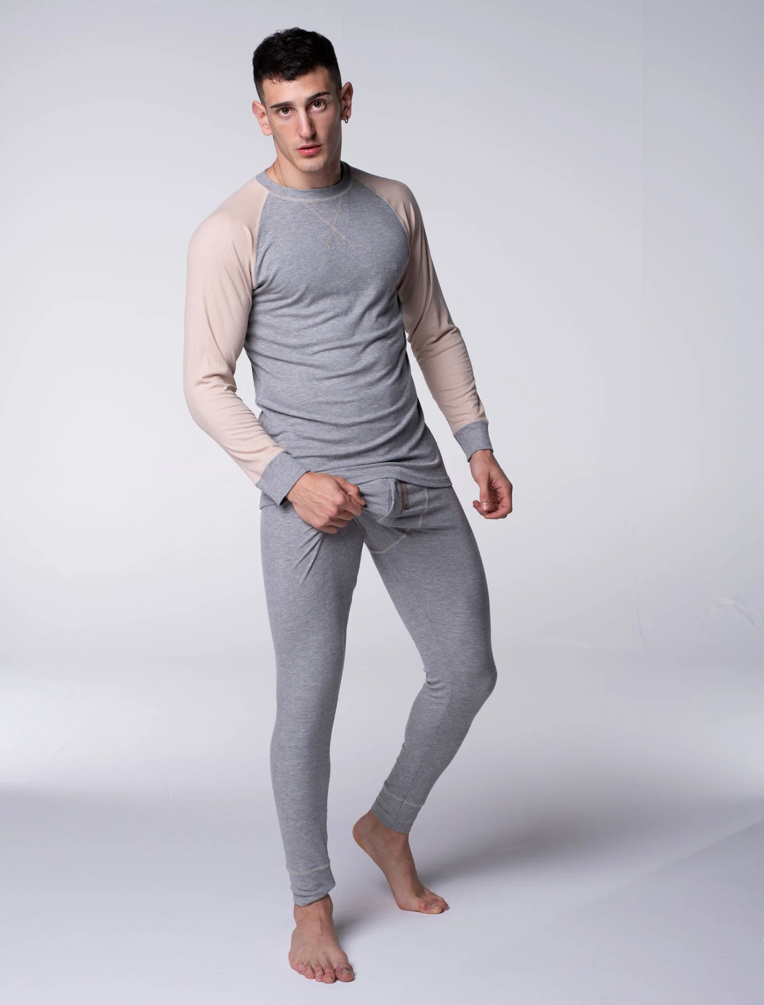 Mens Ribbed Pyjama Sets - Melange Grey - Image 3